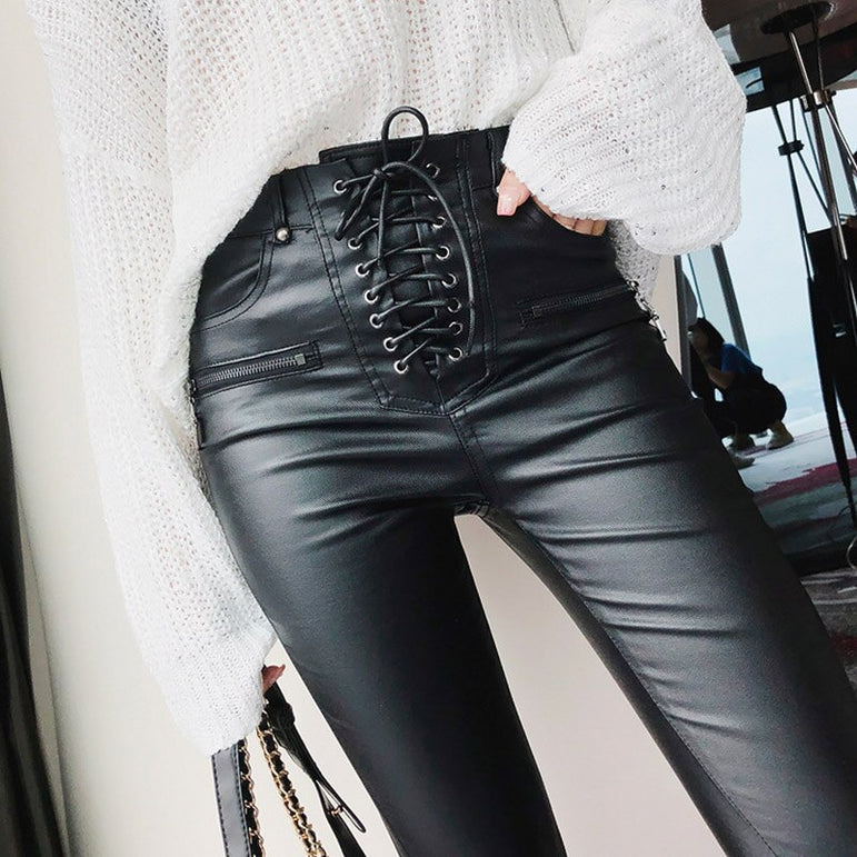 High Waist Leather Lace-up Skinny Pencil Pants