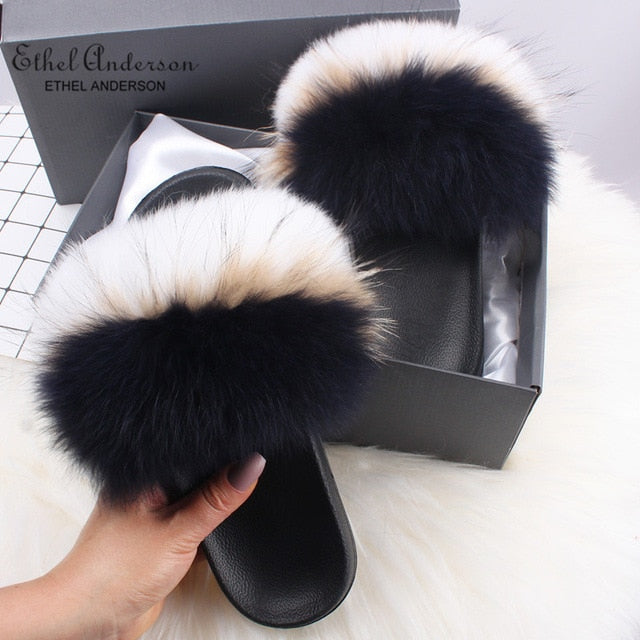 Real FOX Fur Slides Indoor Flip Flops