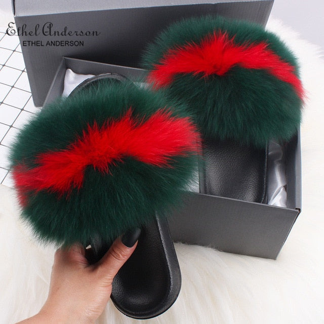 Real FOX Fur Slides Indoor Flip Flops