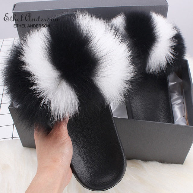 Real FOX Fur Slides Indoor Flip Flops