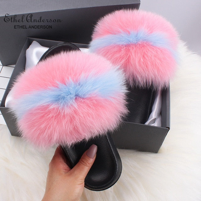 Real FOX Fur Slides Indoor Flip Flops