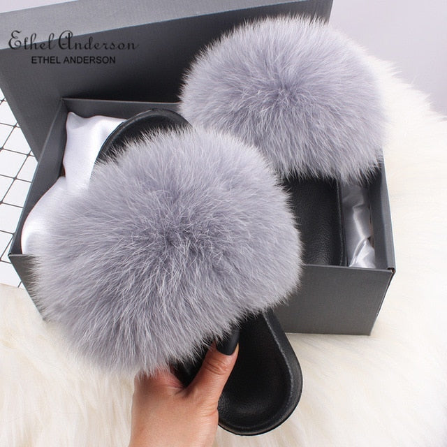 Real FOX Fur Slides Indoor Flip Flops