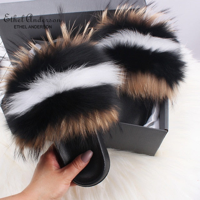 Real FOX Fur Slides Indoor Flip Flops