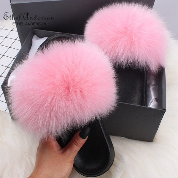 Real FOX Fur Slides Indoor Flip Flops