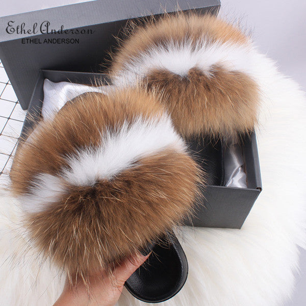 Real FOX Fur Slides Indoor Flip Flops