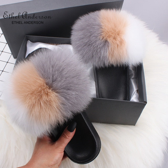 Real FOX Fur Slides Indoor Flip Flops