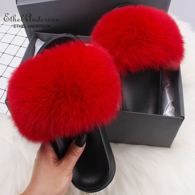 Real FOX Fur Slides Indoor Flip Flops