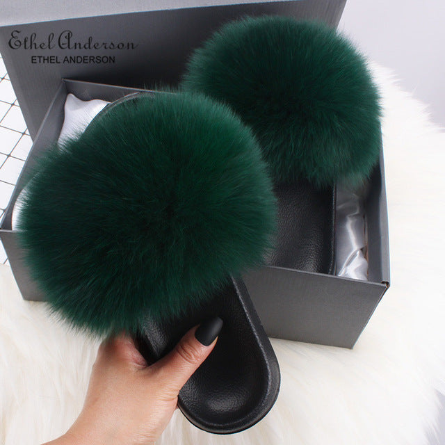 Real FOX Fur Slides Indoor Flip Flops