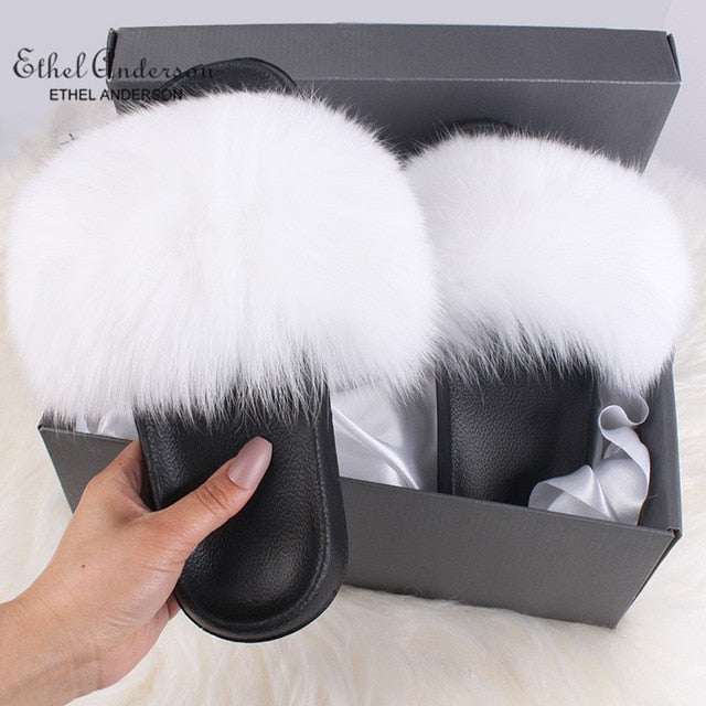 Real FOX Fur Slides Indoor Flip Flops