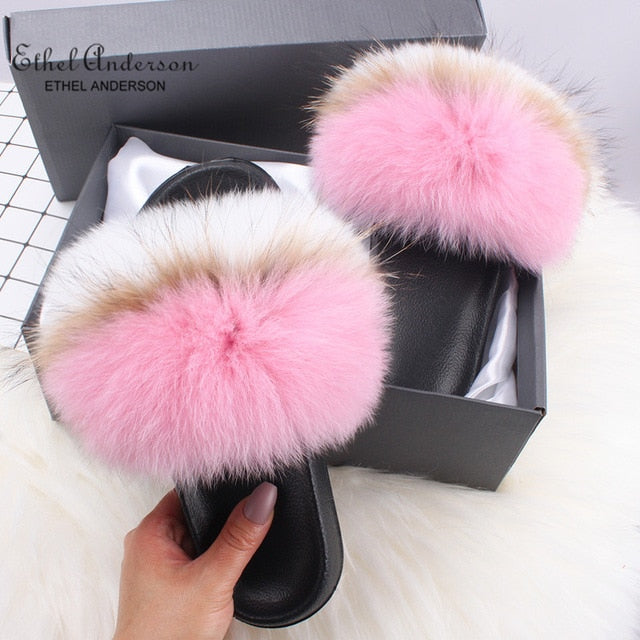 Real FOX Fur Slides Indoor Flip Flops