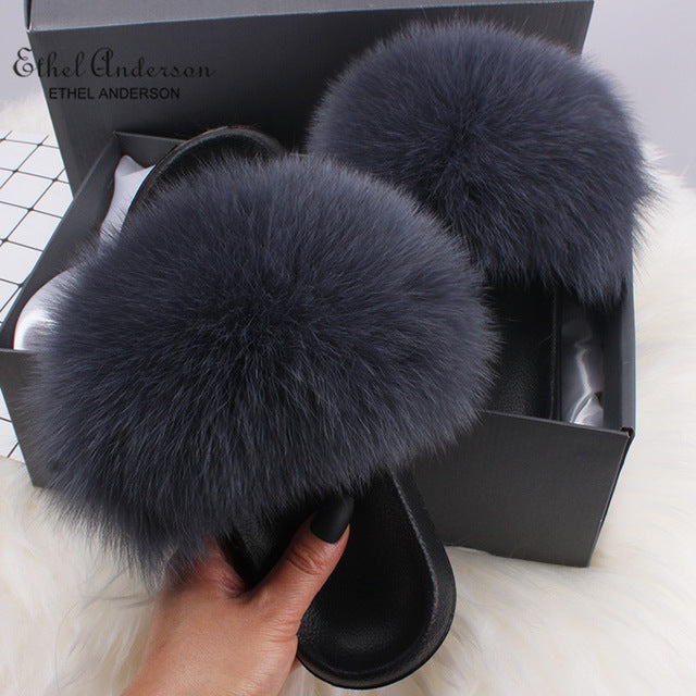 Real FOX Fur Slides Indoor Flip Flops