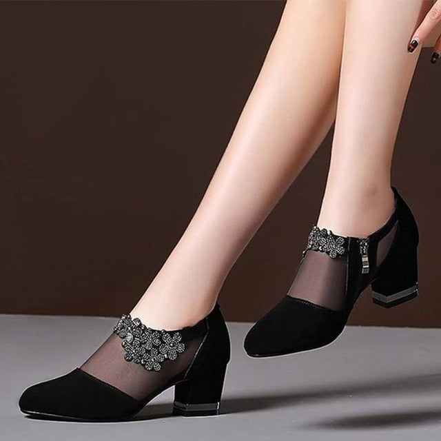 Pointed Toe  Mesh Breathable Women Thick High Heel