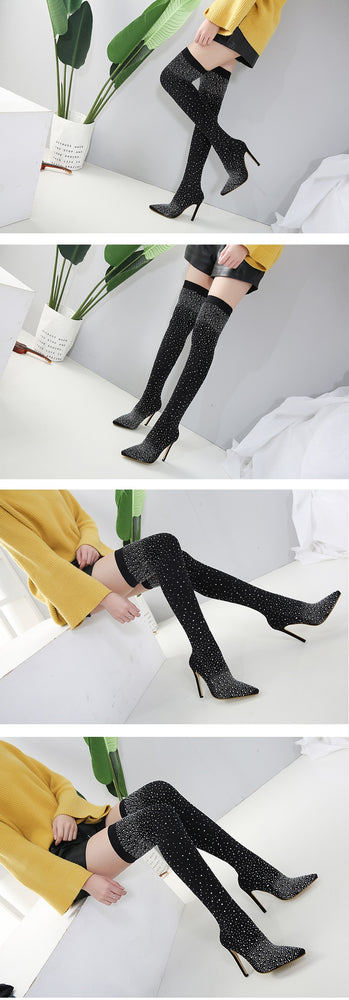 Pointy Toe Crystal Stretch Boots