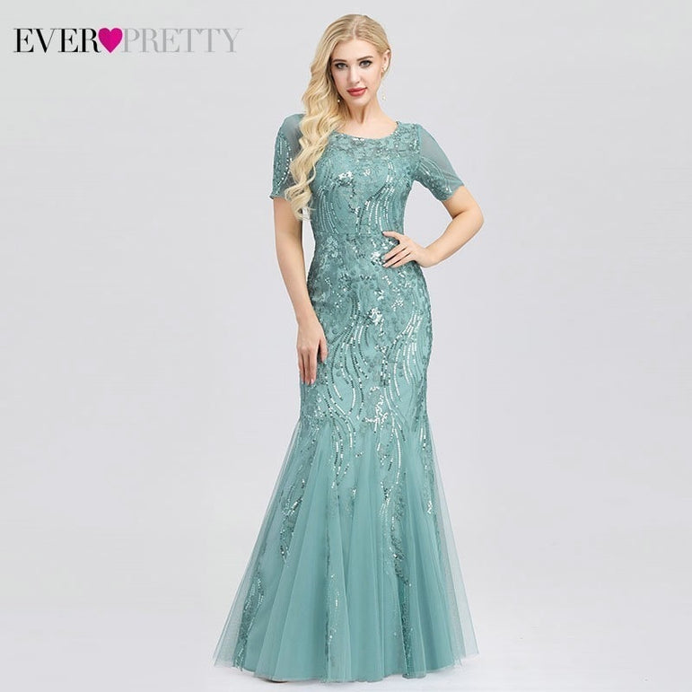 Short Sleeve Lace Appliques Evening Gowns Dress