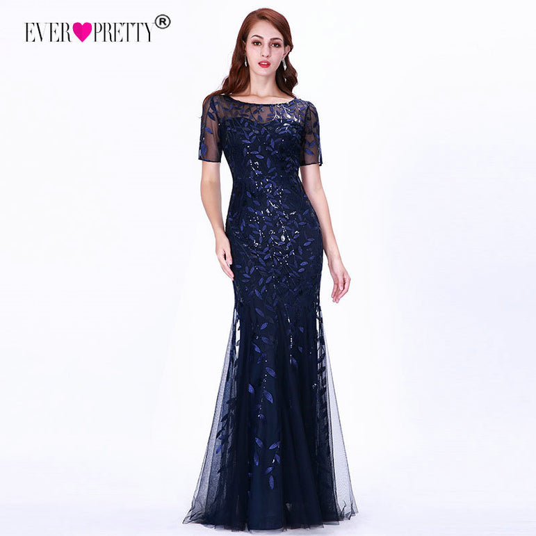 Short Sleeve Lace Appliques Evening Gowns Dress