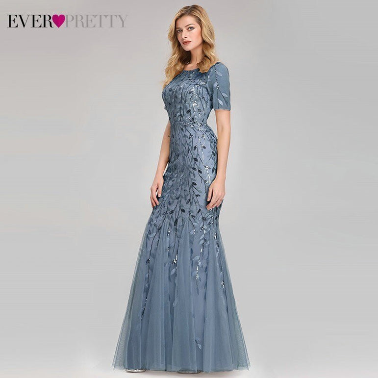 Short Sleeve Lace Appliques Evening Gowns Dress