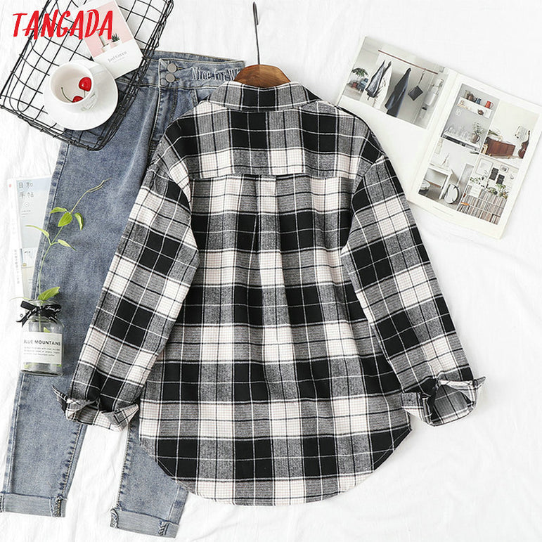 Long Sleeve Women Chic Oversized plaid Blouse