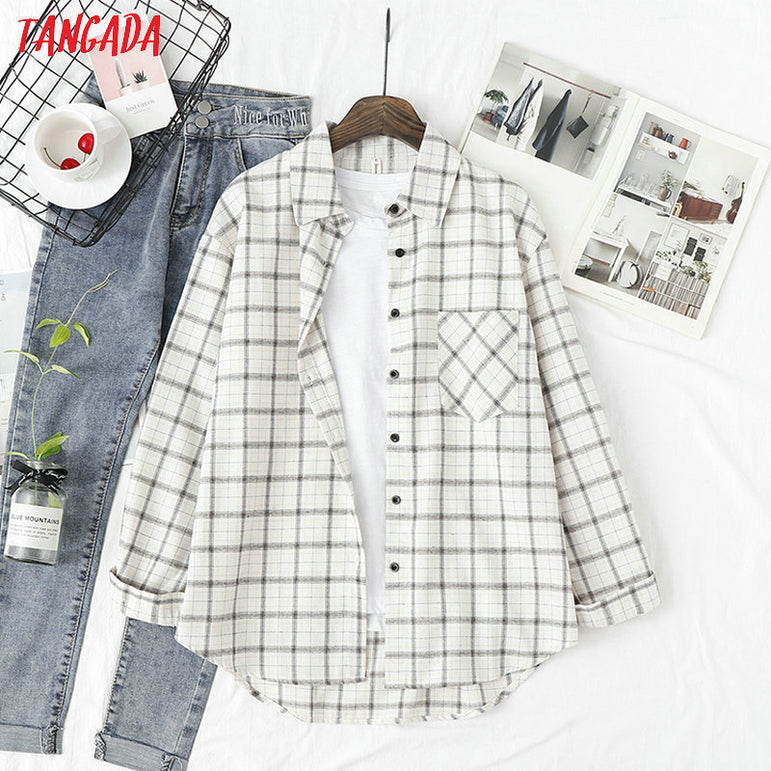 Long Sleeve Women Chic Oversized plaid Blouse