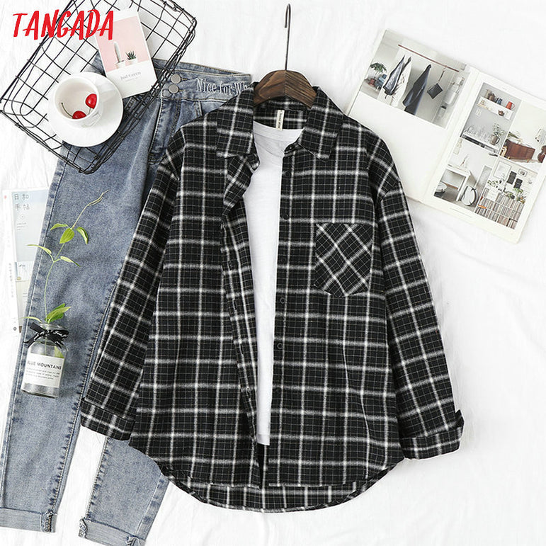 Long Sleeve Women Chic Oversized plaid Blouse