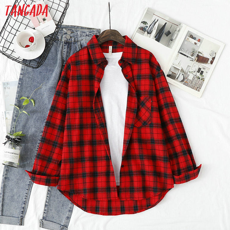 Long Sleeve Women Chic Oversized plaid Blouse