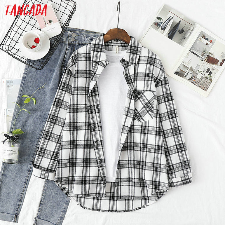 Long Sleeve Women Chic Oversized plaid Blouse