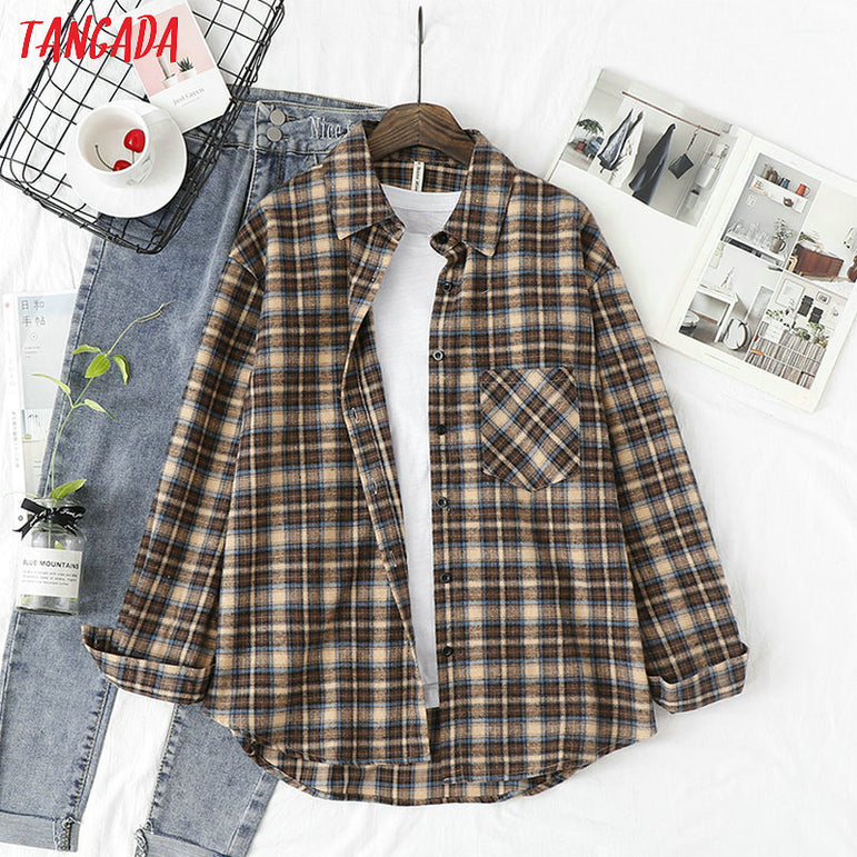 Long Sleeve Women Chic Oversized plaid Blouse