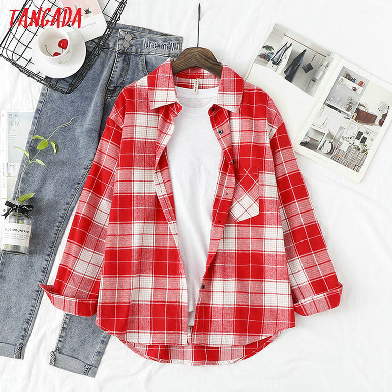 Long Sleeve Women Chic Oversized plaid Blouse