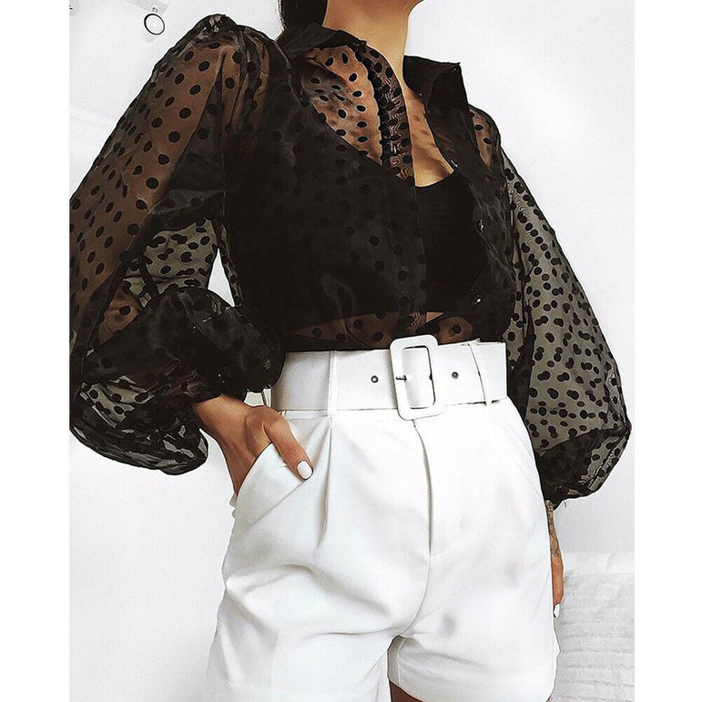 Mesh Shirt Vogue Women Polka Dot Retro Blouse