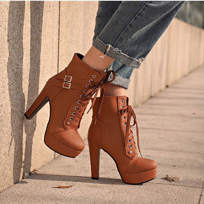 Lace Up Ankle Boots Women Platform High Heels