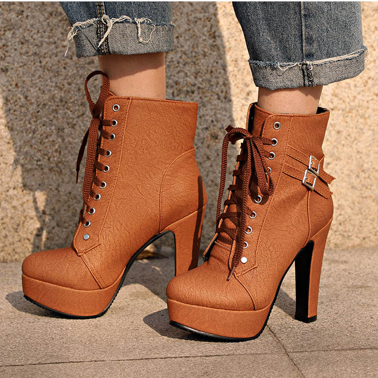 Lace Up Ankle Boots Women Platform High Heels