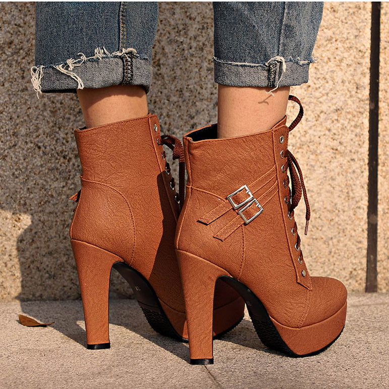 Lace Up Ankle Boots Women Platform High Heels