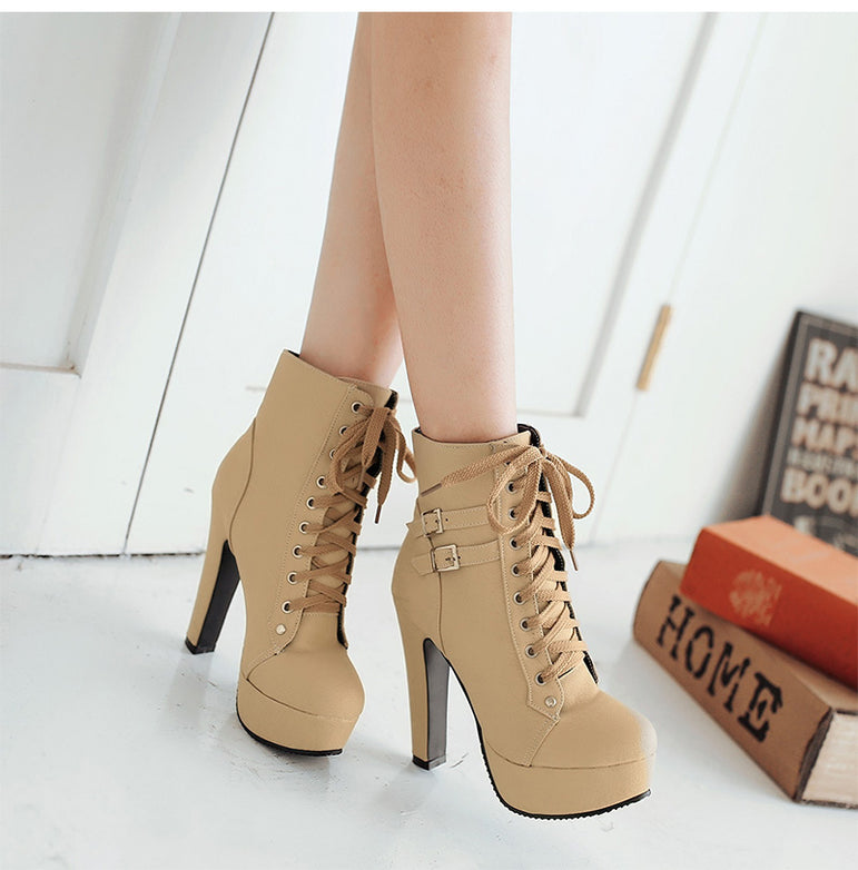 Lace Up Ankle Boots Women Platform High Heels