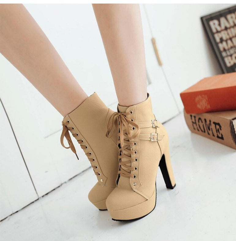 Lace Up Ankle Boots Women Platform High Heels