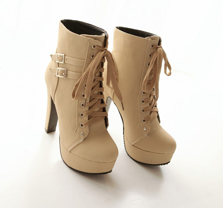 Lace Up Ankle Boots Women Platform High Heels