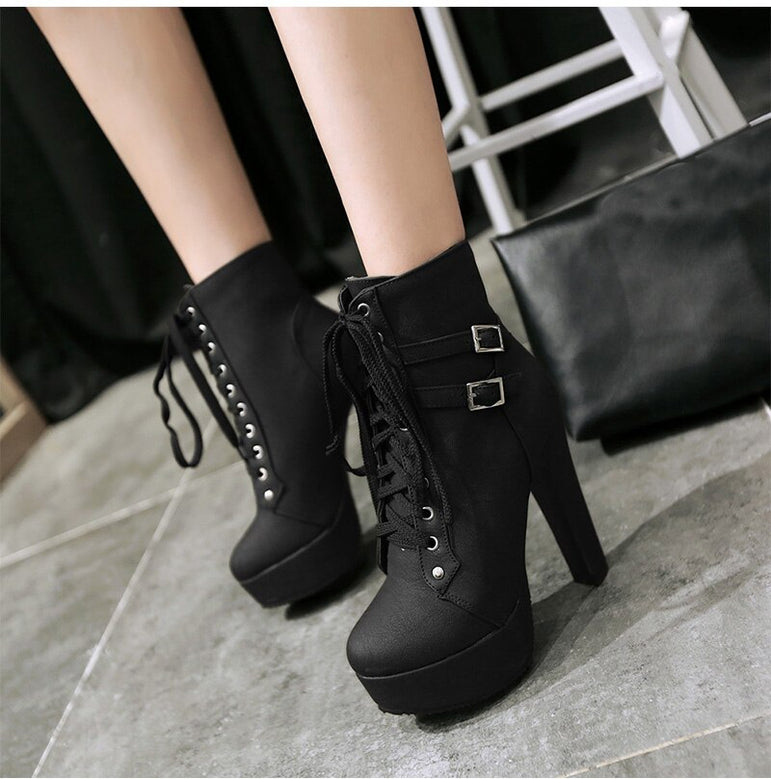 Lace Up Ankle Boots Women Platform High Heels