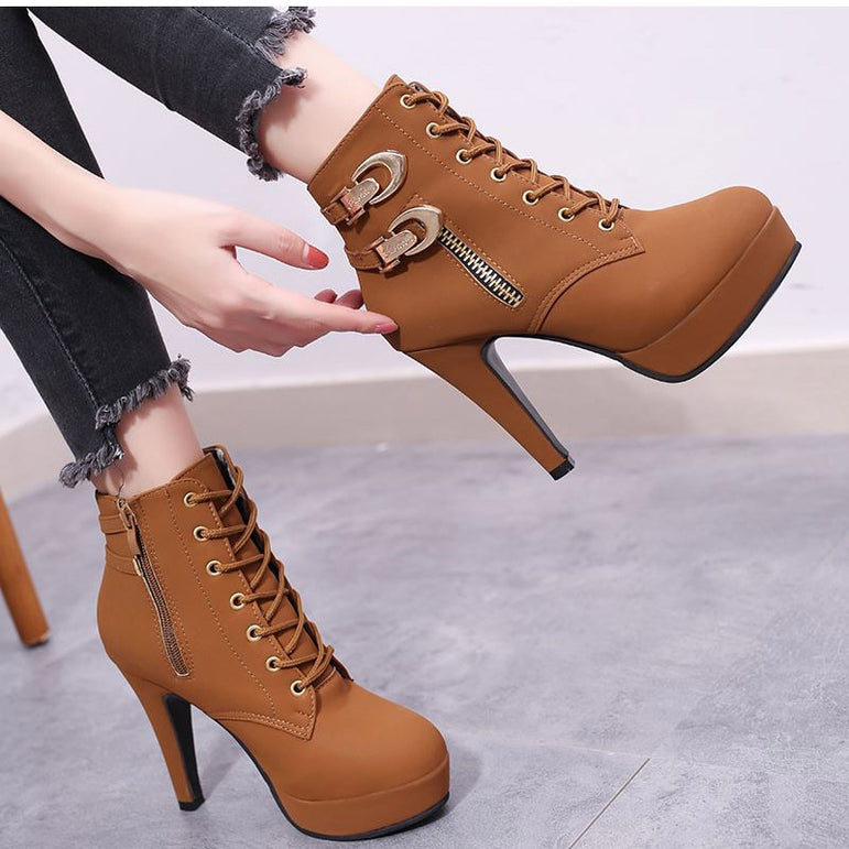 Lace Up Ankle Boots Women Platform High Heels