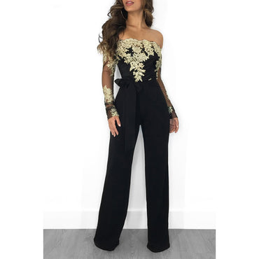 Off Shoulder Appliques Lace Patchwork Jumpsuit