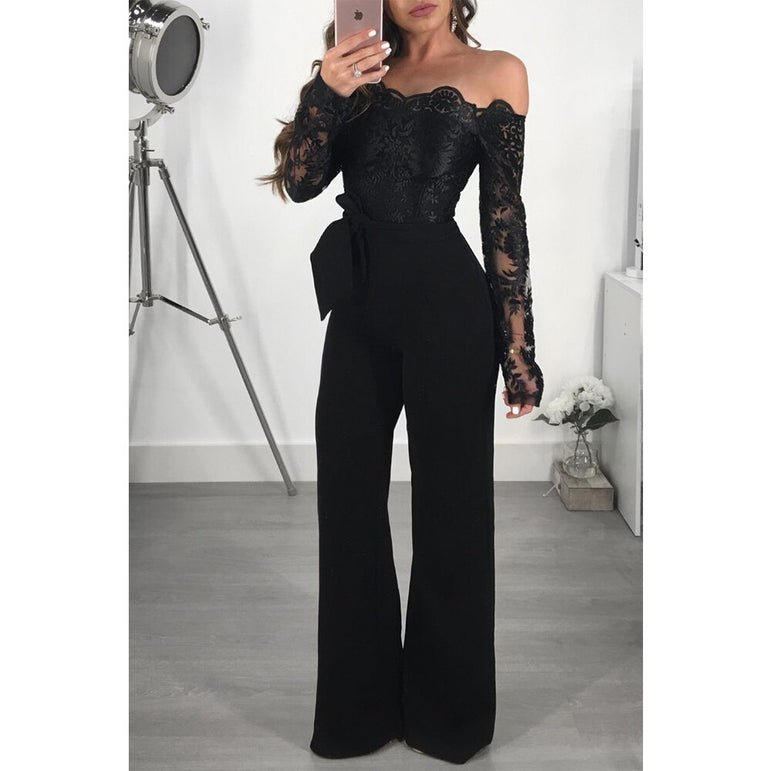 Off Shoulder Appliques Lace Patchwork Jumpsuit