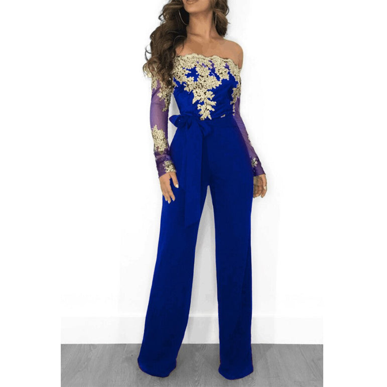 Off Shoulder Appliques Lace Patchwork Jumpsuit