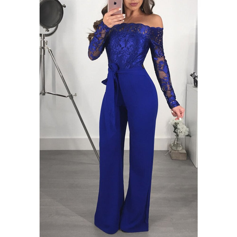 Off Shoulder Appliques Lace Patchwork Jumpsuit