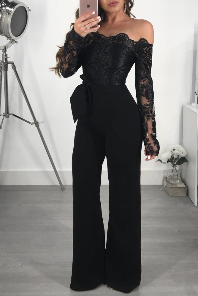 Off Shoulder Appliques Lace Patchwork Jumpsuit