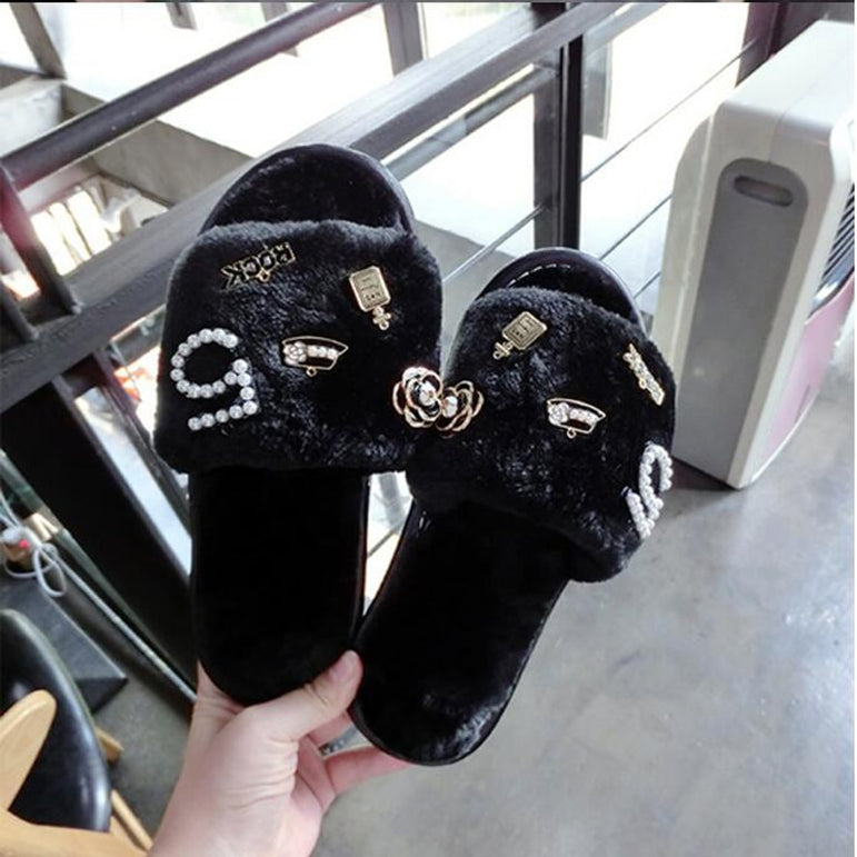 plush Flower Fur Slippers