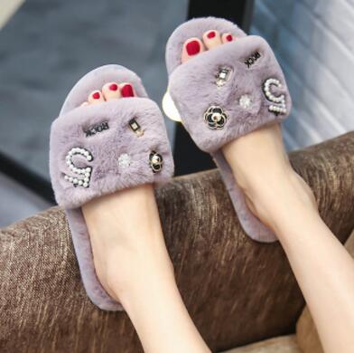 plush Flower Fur Slippers